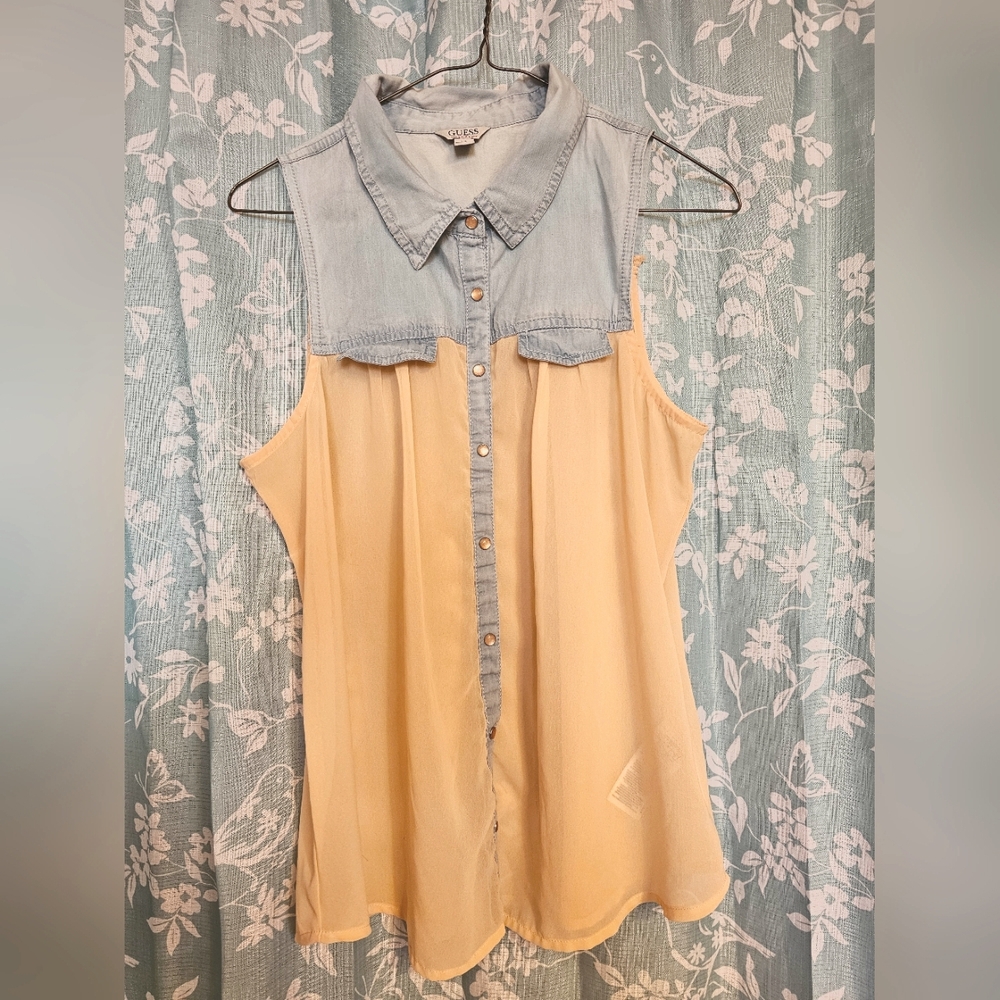 Guess brand collared blouse, denim and orange. sleeveless